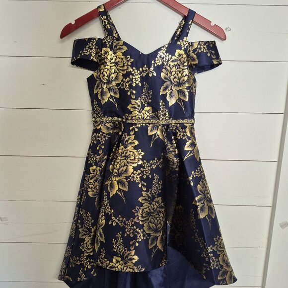Navy & Gold Floral High-Low Dress With Beaded Waist & Cold Shoulder Straps - Picture 2 of 8